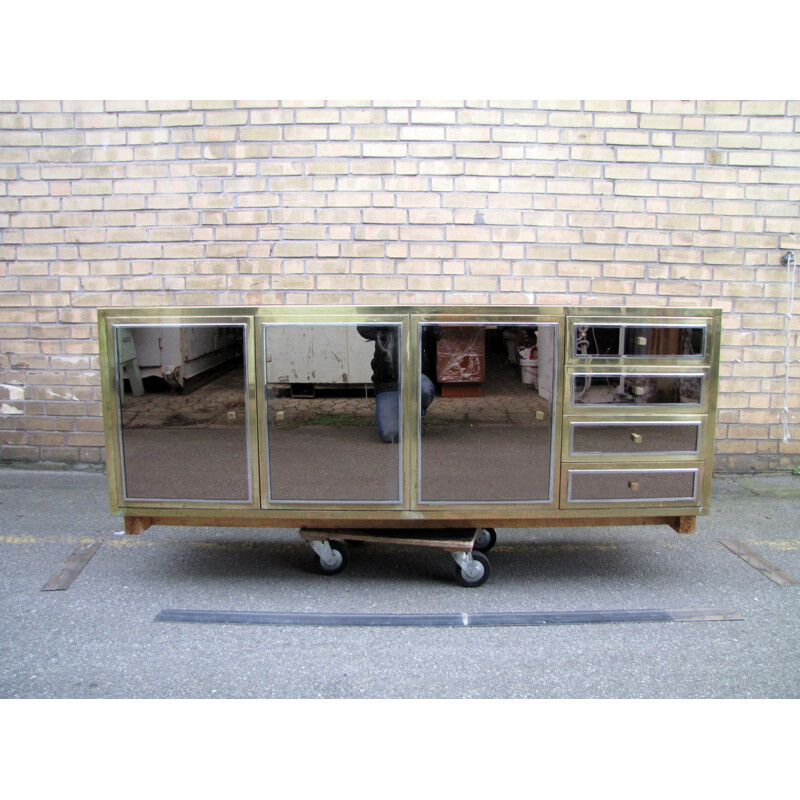 Golden and mirrored sideboard in brass and glass by Michel Pigneres - 1970s