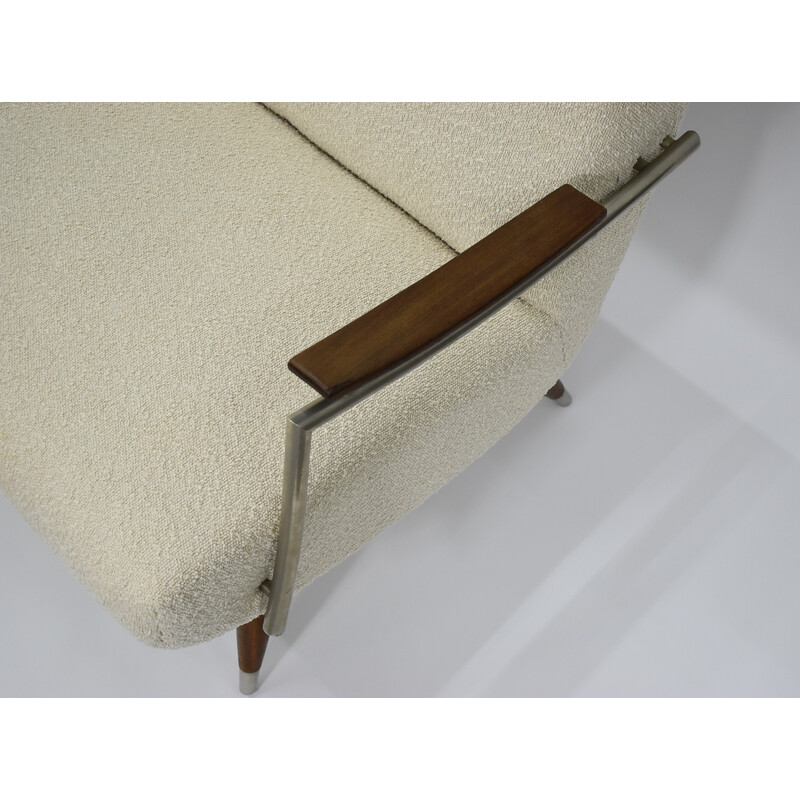 Divano vintage a 3 posti in teak e tessuto bouclé bianco, Danimarca 1960