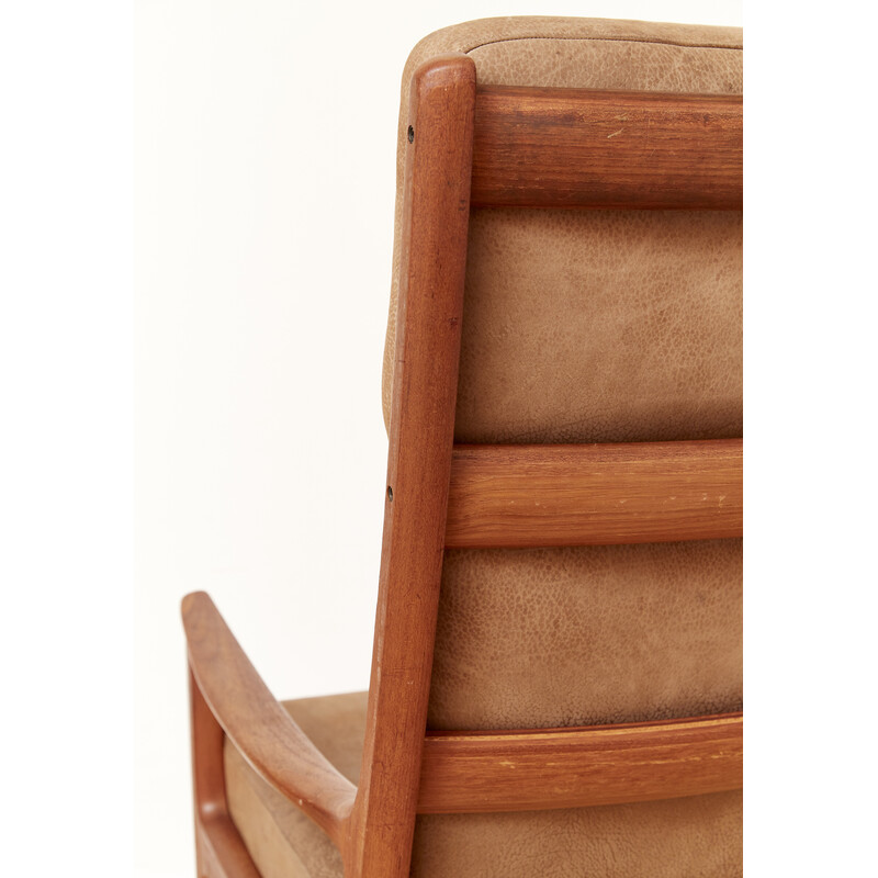 Vintage Senator highback armchair in teak and suede leather by Ole Wanscher for Cado, Denmark