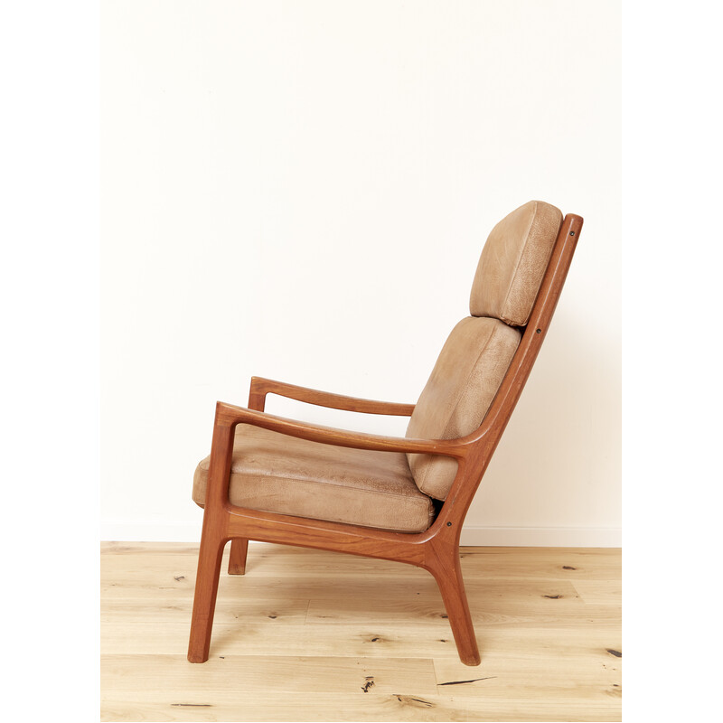 Fauteuil vintage Senator highback en teck et cuir velours par Ole Wanscher for Cado, Danemark