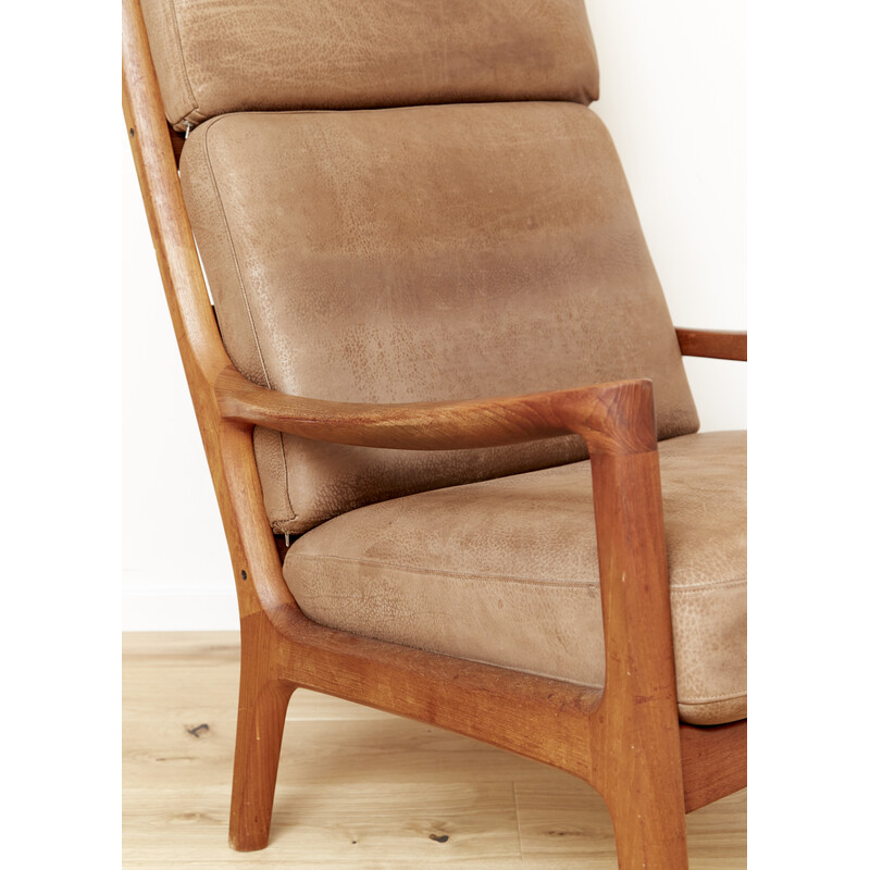 Vintage Senator fauteuil in teak en suede leer van Ole Wanscher voor Cado, Denemarken.