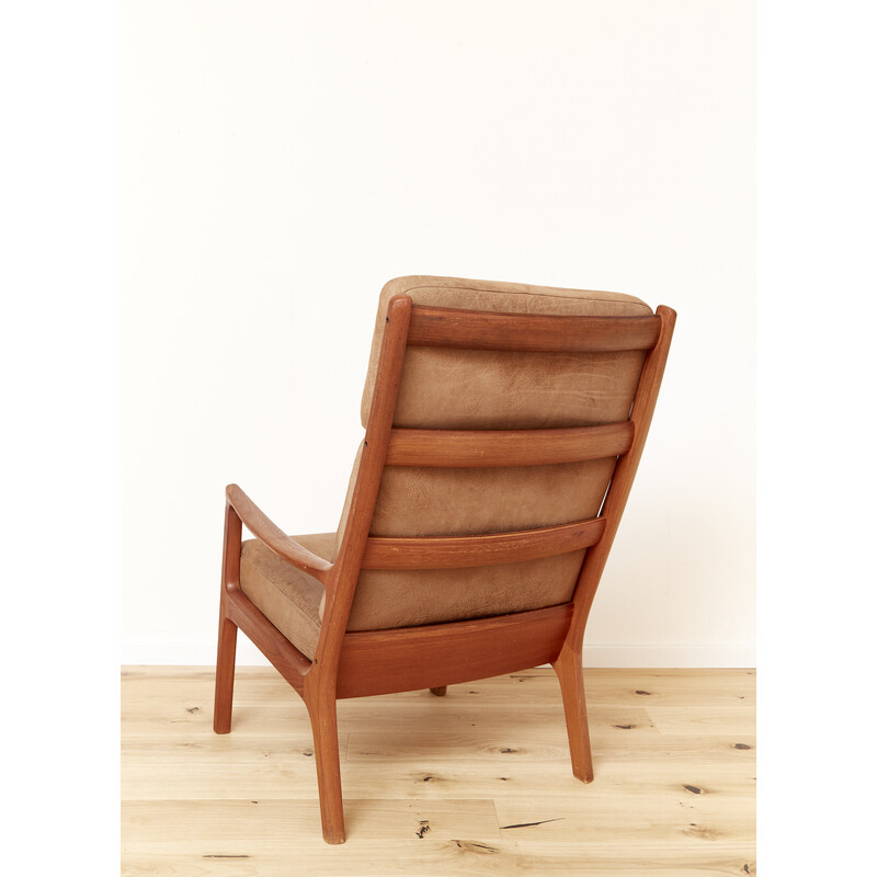 Vintage Senator highback armchair in teak and suede leather by Ole Wanscher for Cado, Denmark