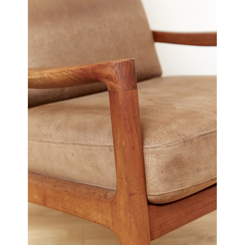 Vintage Senator highback armchair in teak and suede leather by Ole Wanscher for Cado, Denmark