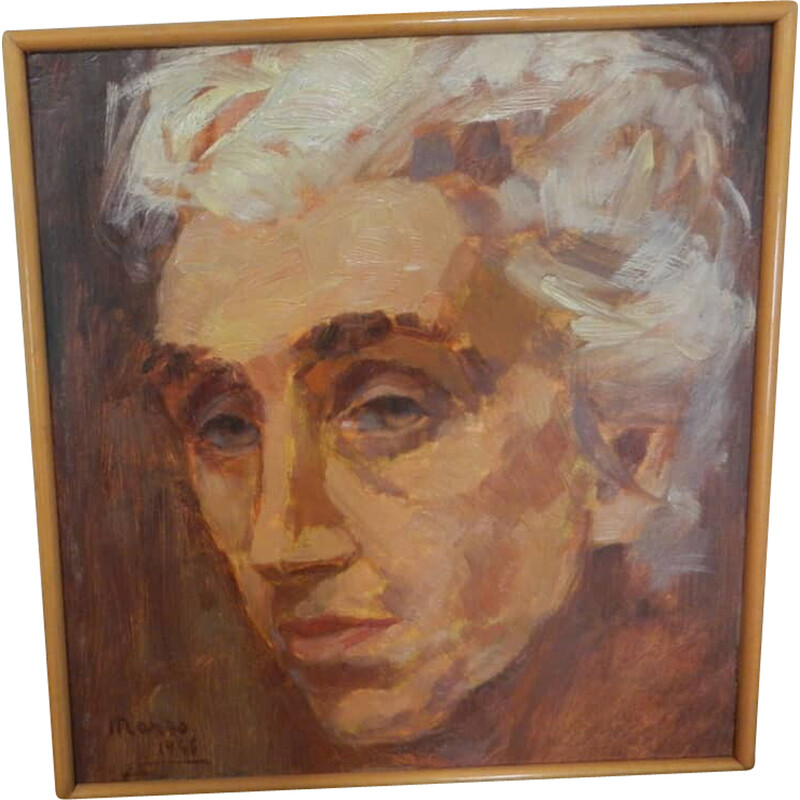 Vintage painting "woman's face" in oil, plywood and fir by Mina Anselmi