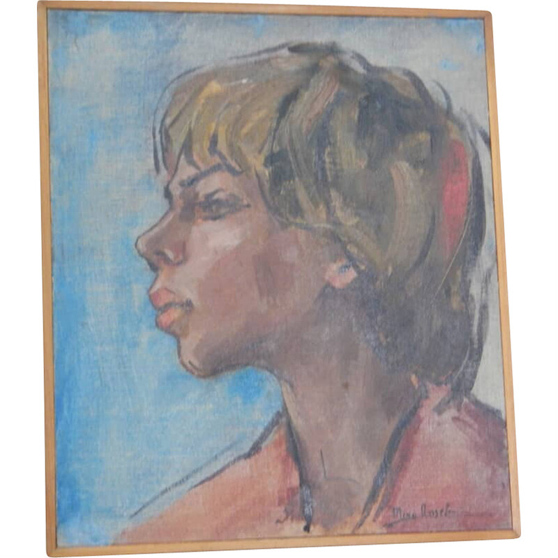 Vintage schilderij "Woman's face" in olieverf, multiplex en spar door Mina Anselmi