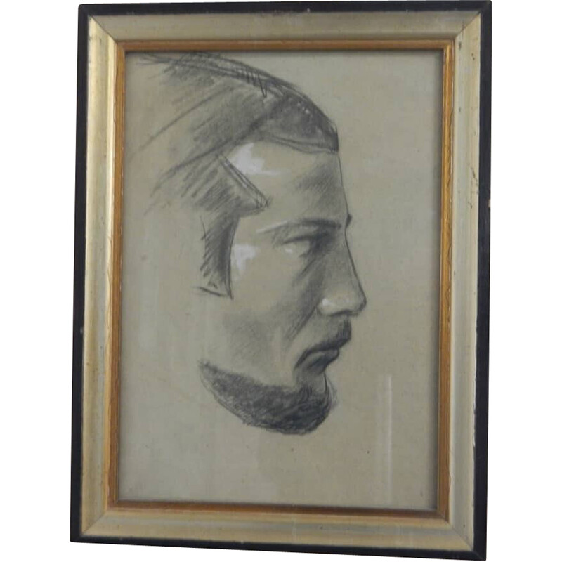 Carboncino vintage su carta "profili d'uomo" in abete, vetro e compensato di Mina Anselmi