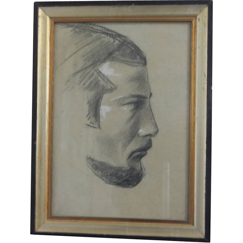 Vintage charcoal on paper "men's profiles" by Mina Anselmi