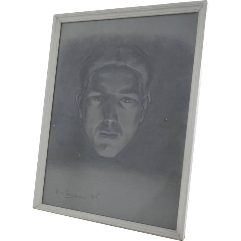 Carboncino vintage su carta "volto d'uomo" in abete e vetro di Mina Anselmi