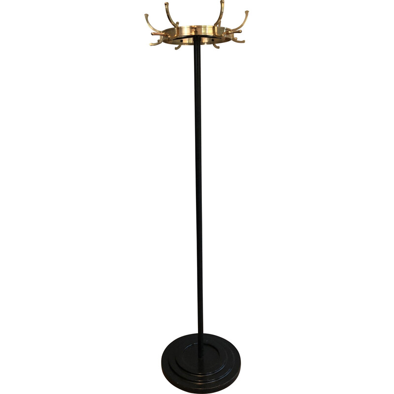 Vintage coat rack in black lacquered metal and brass by Jacques Adnet, France 1950s
