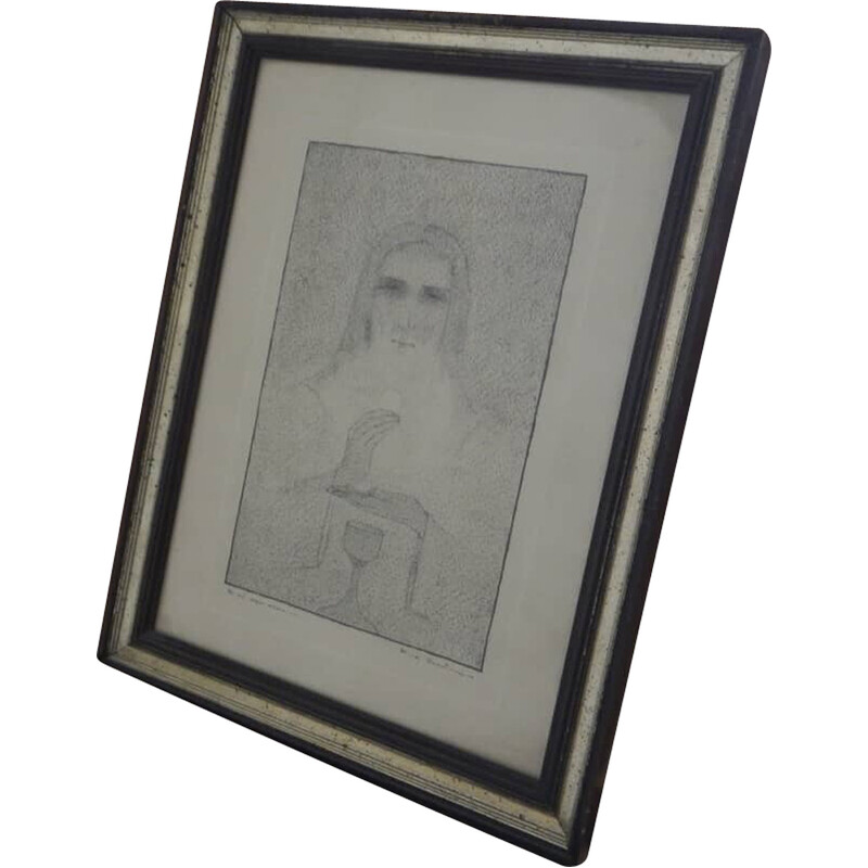 Vintage charcoal "Hoc est corpus meum" on paper by Mina Anselmi