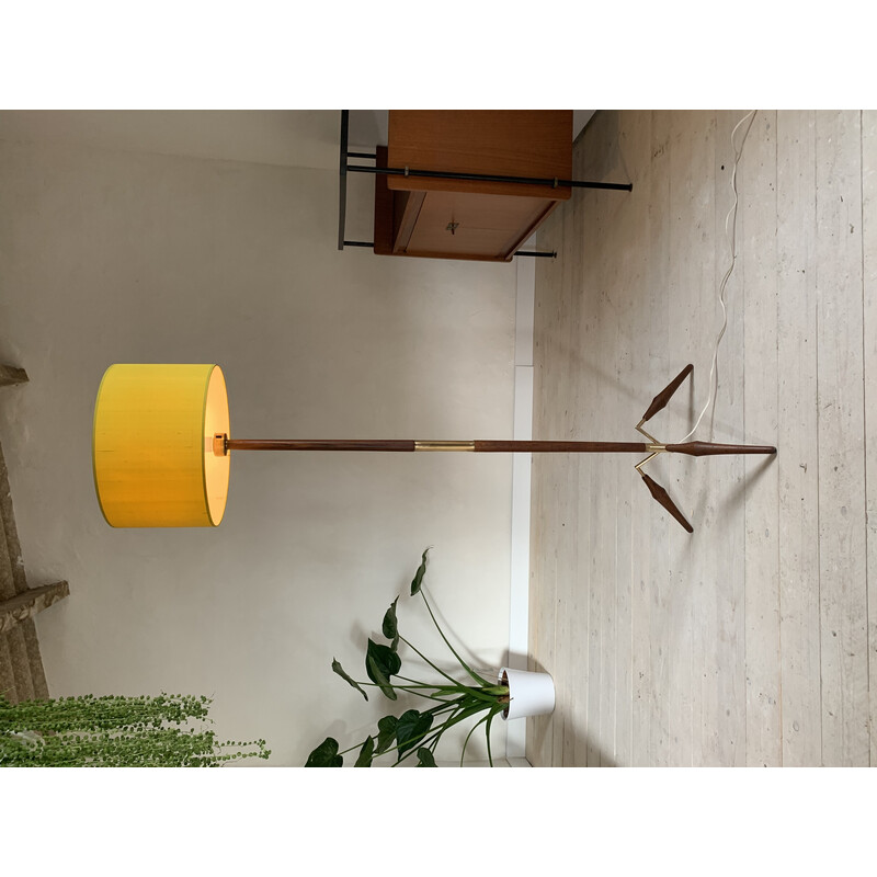 Vintage Scandinavian tripod floor lamp in teak and brass, 1960s