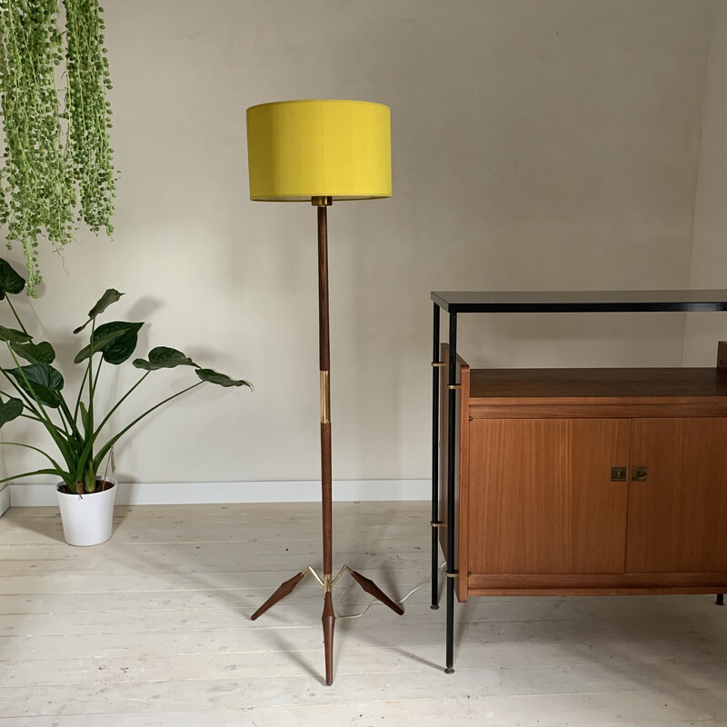 Vintage Scandinavian tripod floor lamp in teak and brass, 1960s