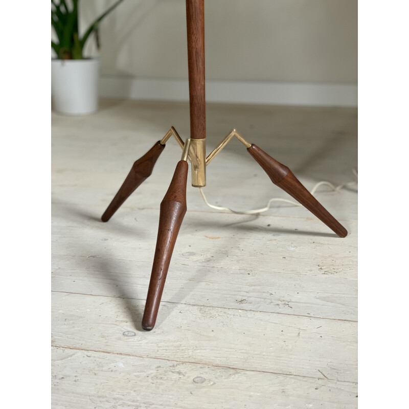 Lampada da terra scandinava a treppiede in teak e ottone, 1960