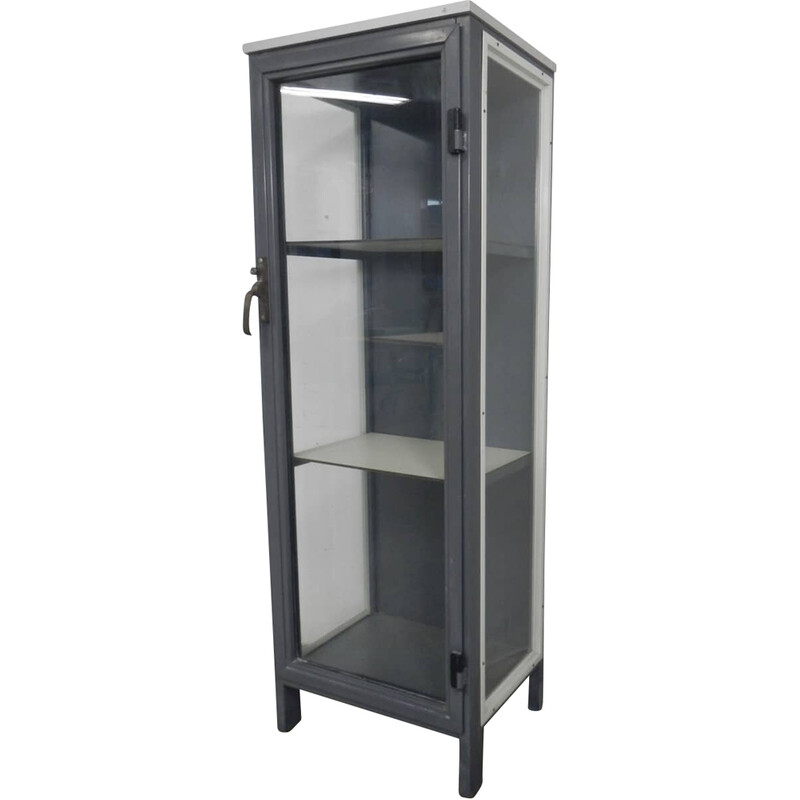 Vintage laboratory display cabinet in gray iron and wood