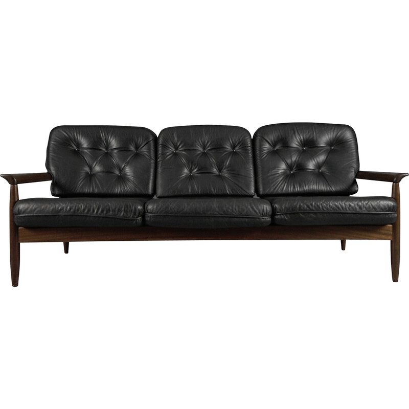 Vintage Scandinavian 3-seater sofa in wood and leather, 1960s