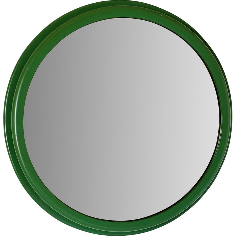 Specchio vintage rotondo con cornice in legno verde, Italia 1960