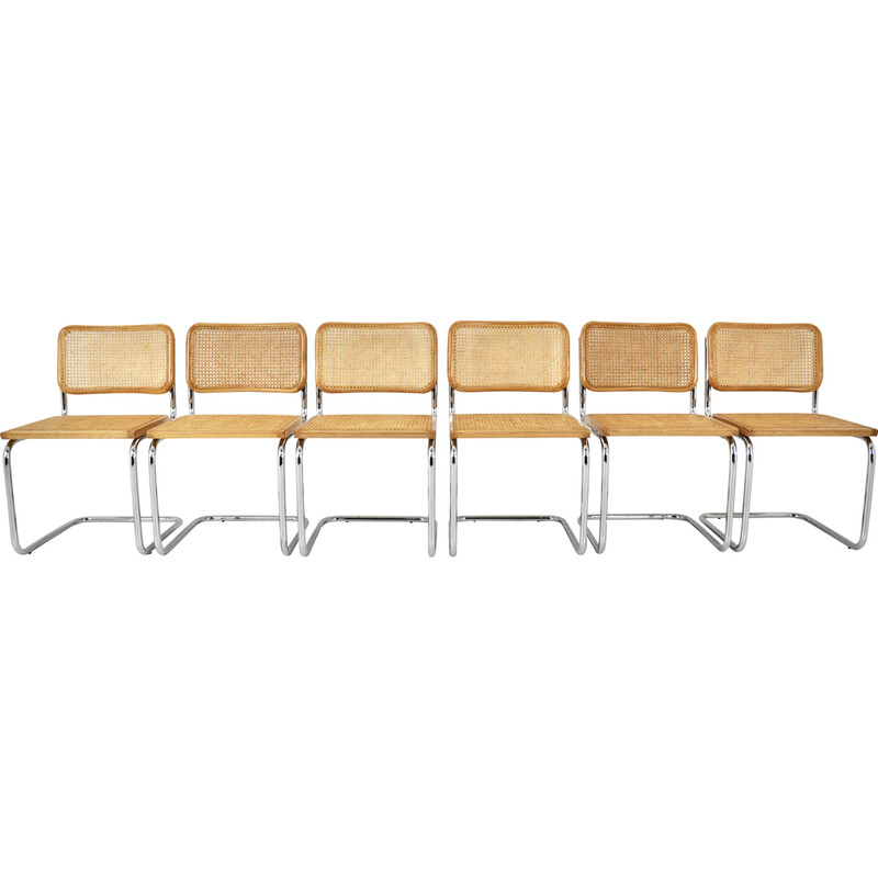 Set of 6 vintage chairs in metal, wood and rattan by Marcel Breuer