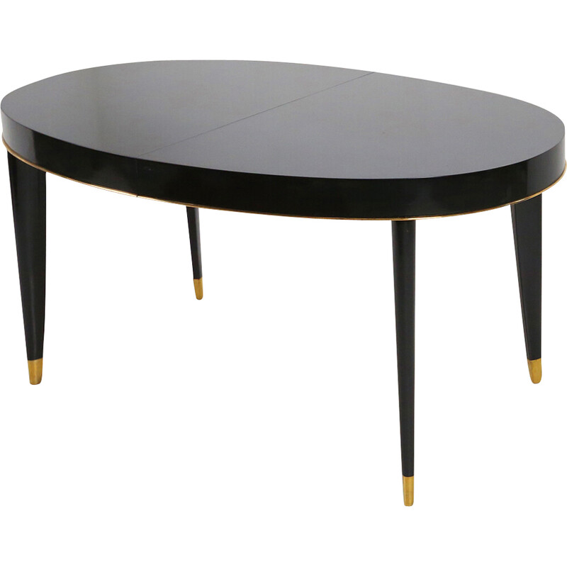 Vintage oval table in wood and brass by De Coene, Belgium 1940s