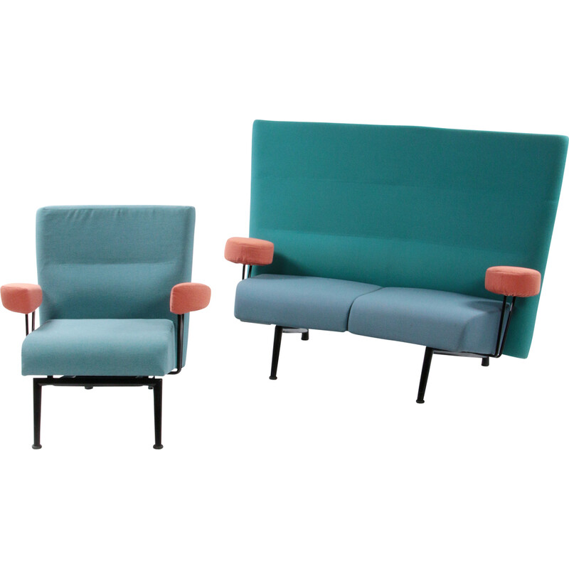 Vintage sofa with metal armchair and light blue upholstery by Johannes Foersom and Hiort Lorenzen, Denmark 1980s