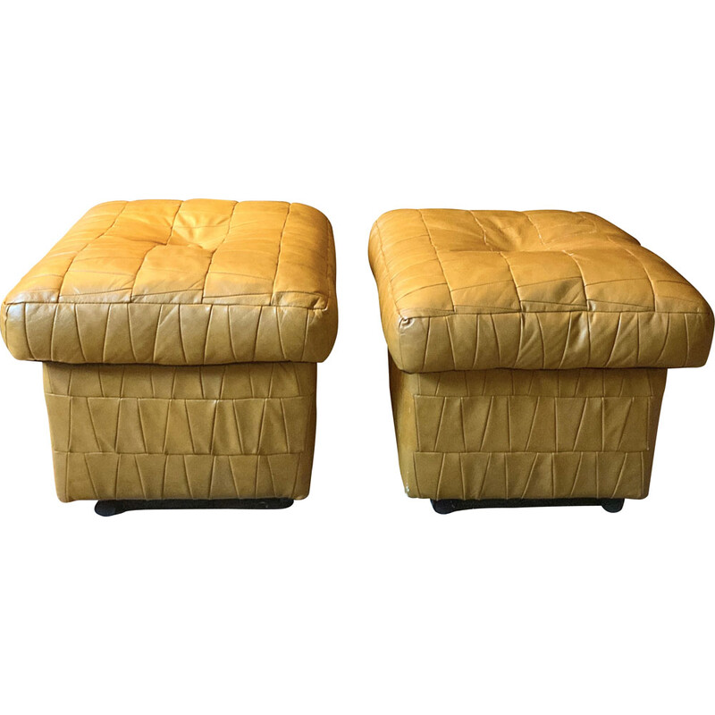 Pair of vintage leather patchwork poufs for De Sede, Switzerland 1970s