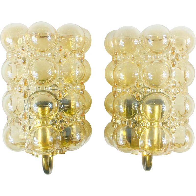 Pair of vintage amber bubble glass and brass wall lamps by Helena Tynell for Limburg, Germany 1960s