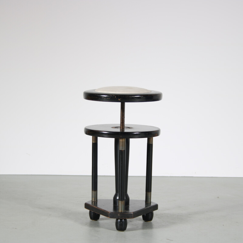 Vintage piano stool in black lacquered wood and brass, Netherlands 1930s