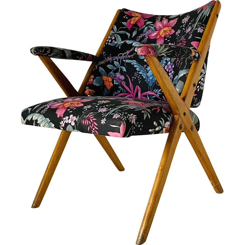 Geven registreren Monet Vintage floreale fauteuil in massief hout en gebloemde stof, Italië 1960