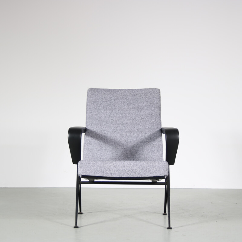 Par de cadeiras de sala "Repose" vintage em metal e tecido cinzento de Friso Kramer para Ahrend de Cirkel, Holanda nos anos 60