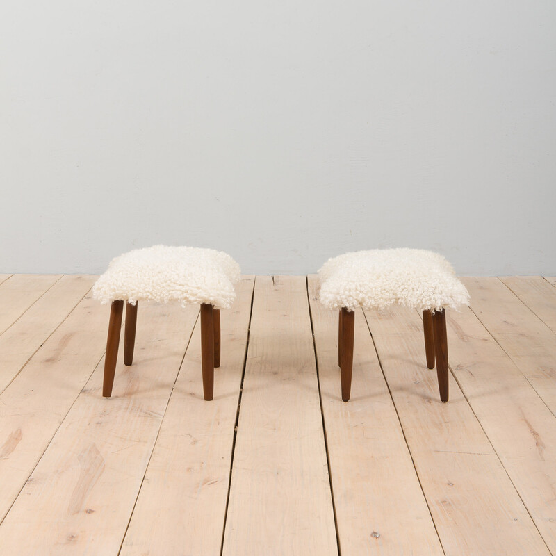 Vintage pouf in sheep's wool and teak, Denmark 1960s