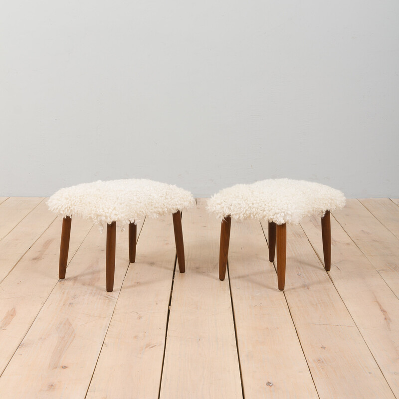 Vintage pouf in sheep's wool and teak, Denmark 1960s