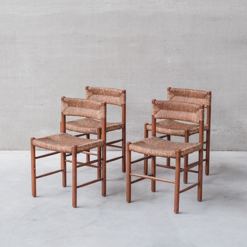 Set van 4 vintage Dordogne-stoelen in biezen en essenhout van Charlotte Perriand voor Robert Sentou, Frankrijk 1950