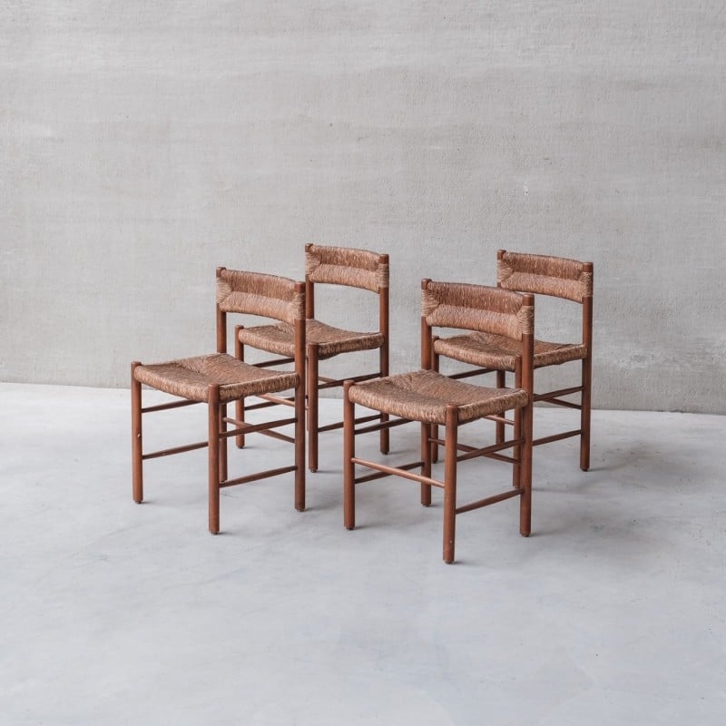 Set of 4 vintage Dordogne chairs in rush and ash by Charlotte Perriand for Robert Sentou, France 1950s
