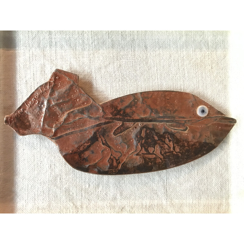 Escultura vintage de pez en hierro oxidado de Roger Bezombes, 1980