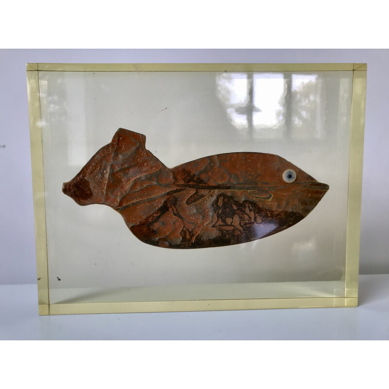 Escultura vintage de pez en hierro oxidado de Roger Bezombes, 1980