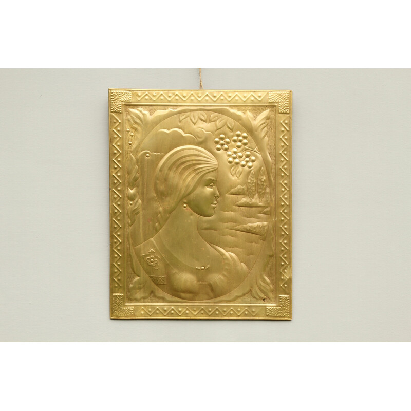 Art Deco vintage brass relief picture, 1940s