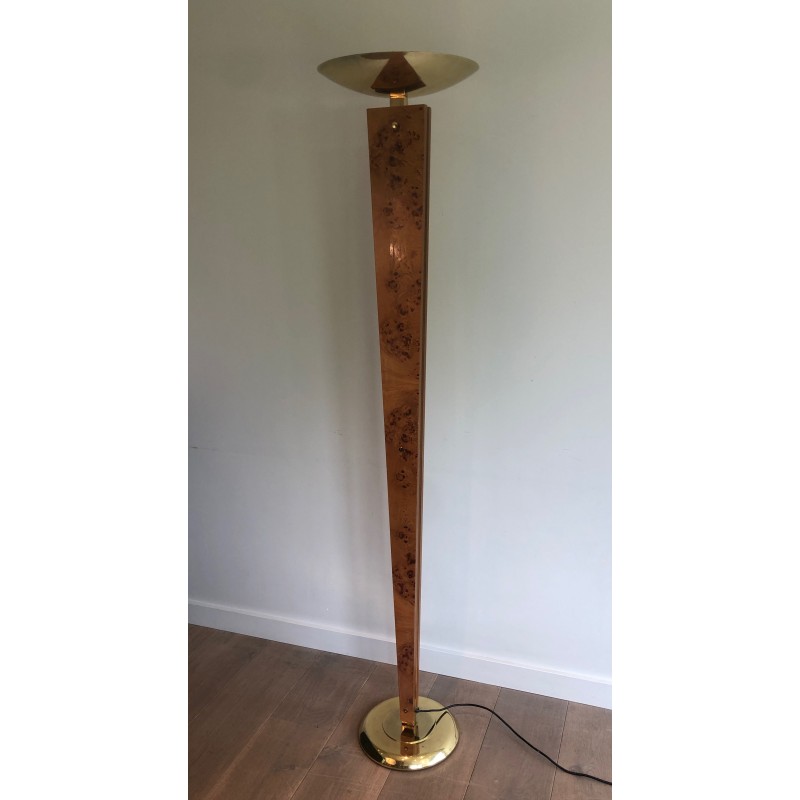 Lámpara de pie vintage de madera y metal dorado, 1970