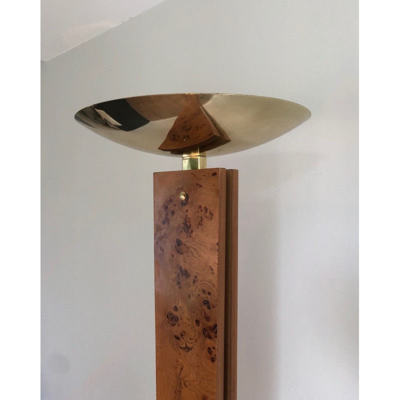 Lampadaire de parquet vintage en bois et métal doré, 1970