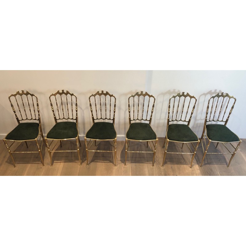 Set van 6 vintage Chiavari stoelen in messing en groen fluweel, Italië 1940