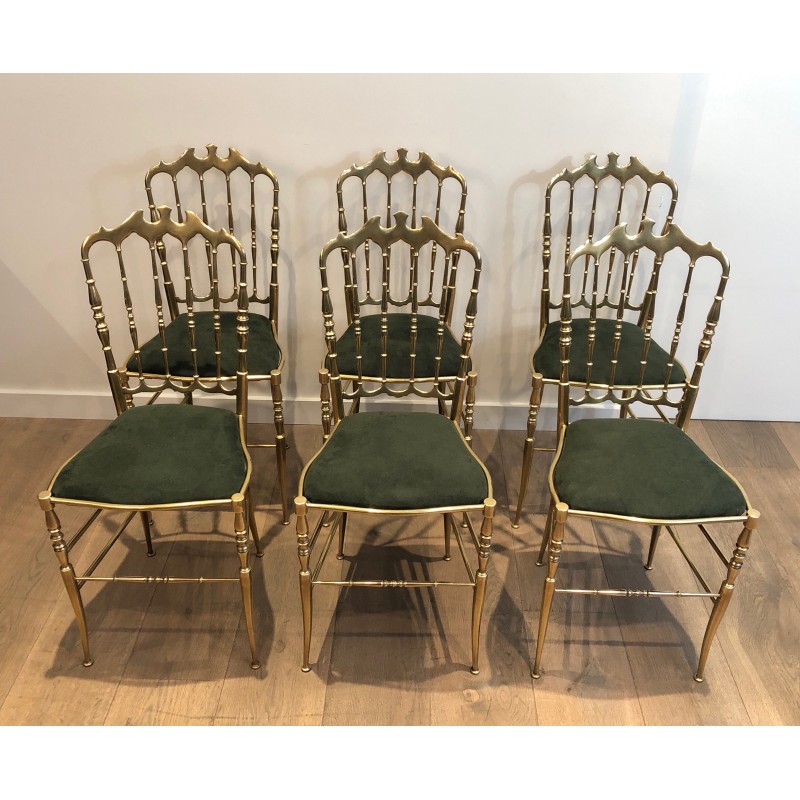 Conjunto de 6 sillas chiavari vintage de latón y terciopelo verde, Italia 1940