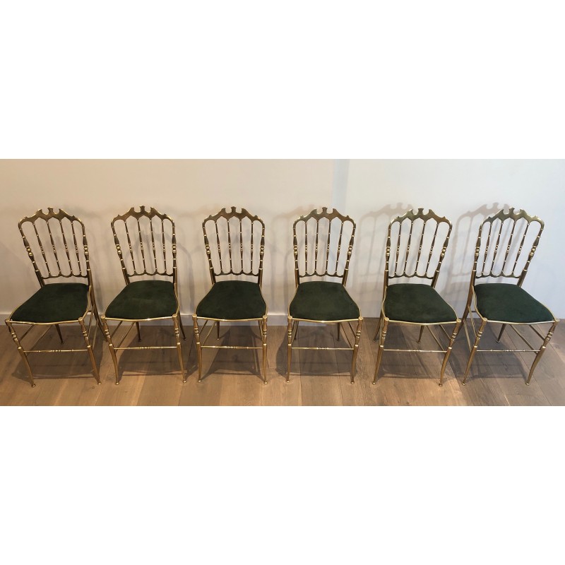 Conjunto de 6 sillas chiavari vintage de latón y terciopelo verde, Italia 1940