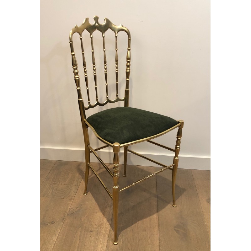 Set of 6 vintage Chiavari chairs in brass and green velvet, Italy 1940s
