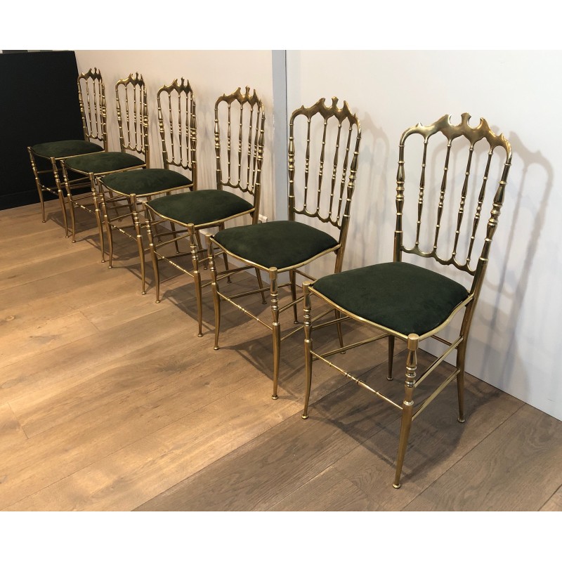 Conjunto de 6 cadeiras Chiavari vintage em latão e veludo verde, Itália 1940