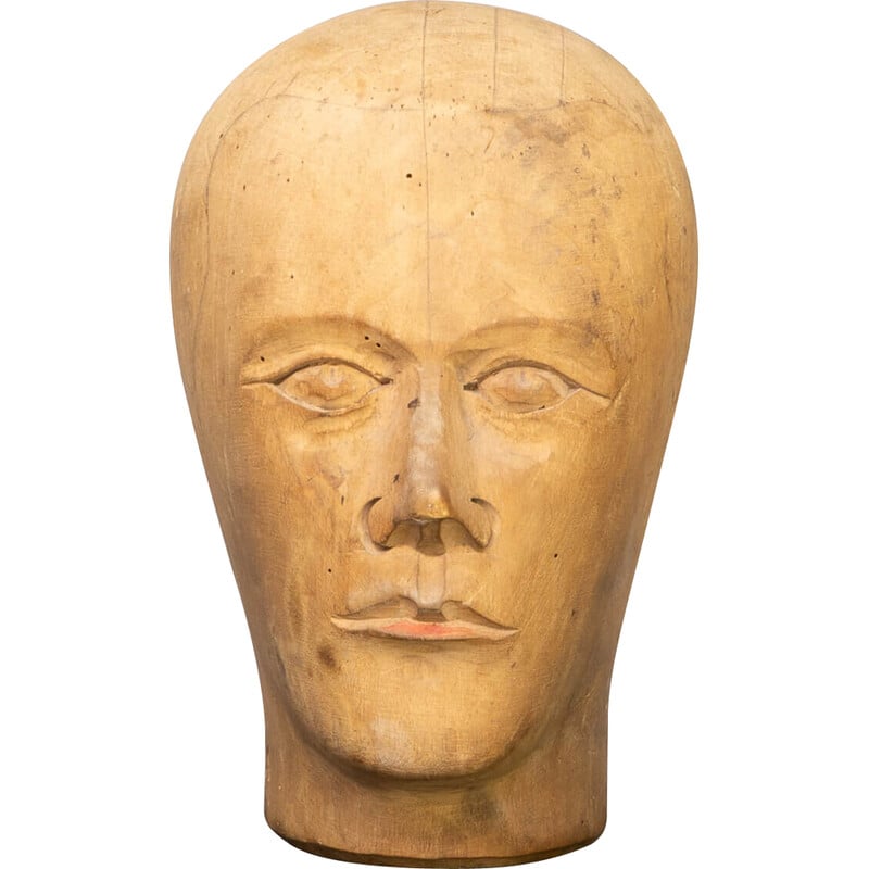 Alte Skulptur "Hutmacher-Kopf" aus Holz, Deutschland 1910-1930er Jahre