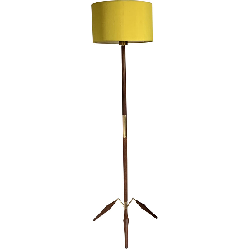 Vintage Scandinavian tripod floor lamp in teak and brass, 1960s