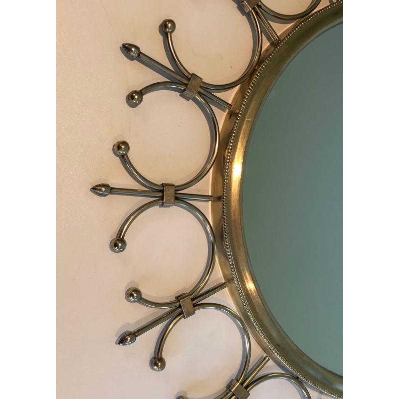 Vintage sun mirror in brass and brushed steel, France 1970s