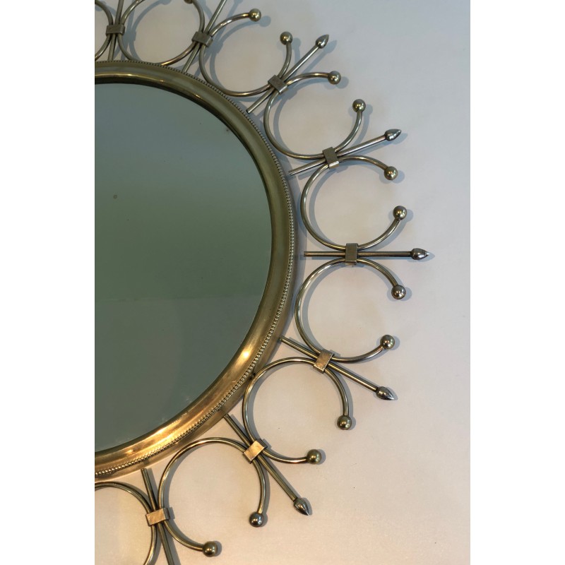 Vintage sun mirror in brass and brushed steel, France 1970s