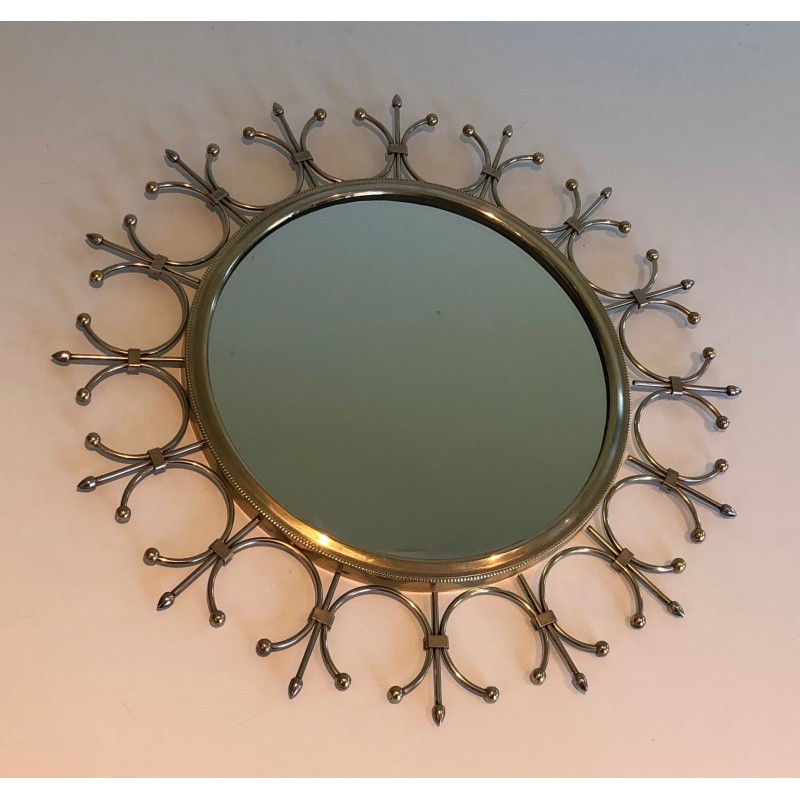 Vintage sun mirror in brass and brushed steel, France 1970s