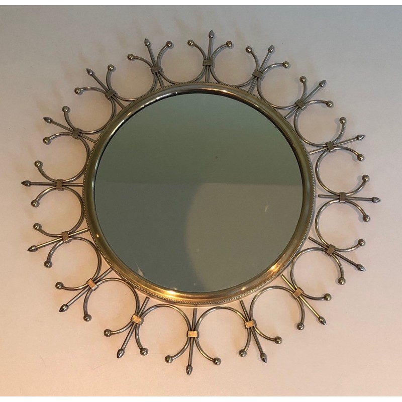 Vintage sun mirror in brass and brushed steel, France 1970s