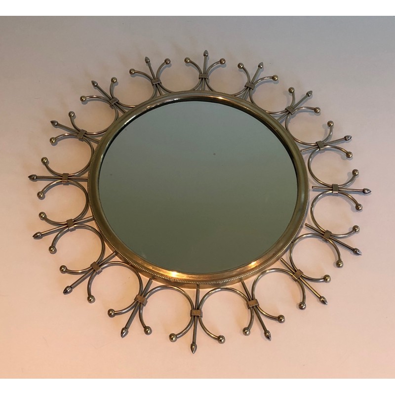 Espejo de sol vintage de latón y acero cepillado, Francia 1970