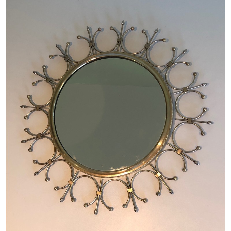 Espejo de sol vintage de latón y acero cepillado, Francia 1970